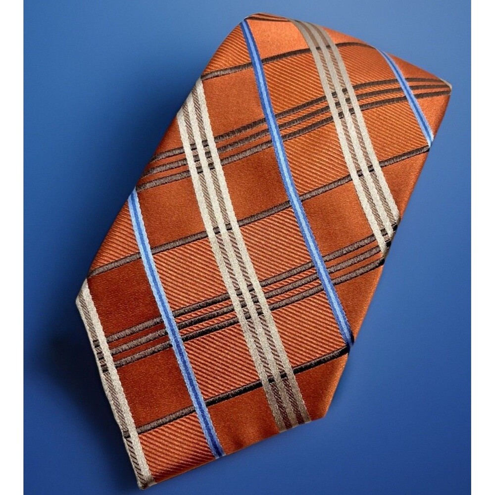Michael Kors 100% Silk Necktie Orange w/Blue/Brown/Tan Stripes Dad Business EUC